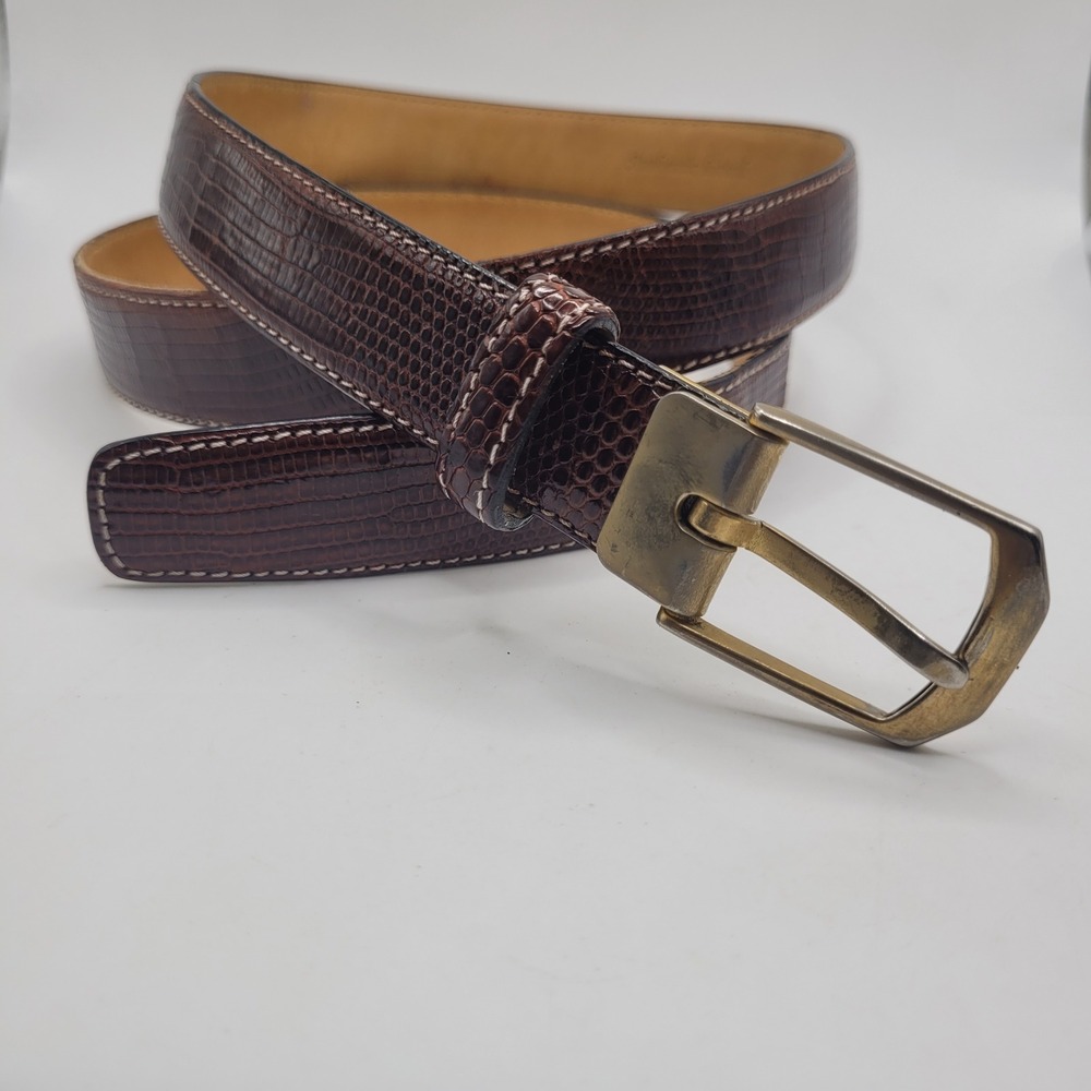 Saks Fifth Avenue Belt 34 Brown Lizard Leather Brass Buckle EXOTIC Quiet Luxury
